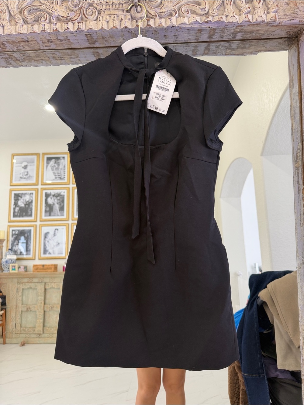 Zara Black Cap Sleeve Mini Dress with Neck Tie